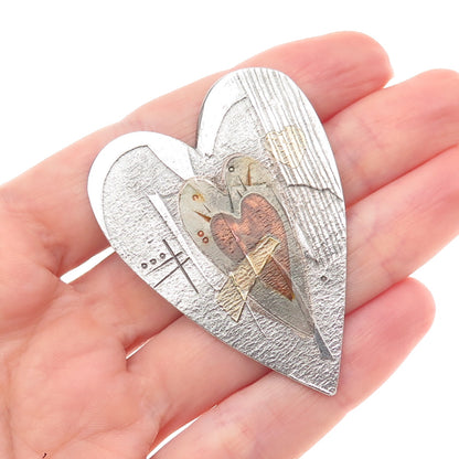 Mary Rogers 999 Fine Silver 22K Gold & Copper Vintage Amulet Heart Pin Brooch