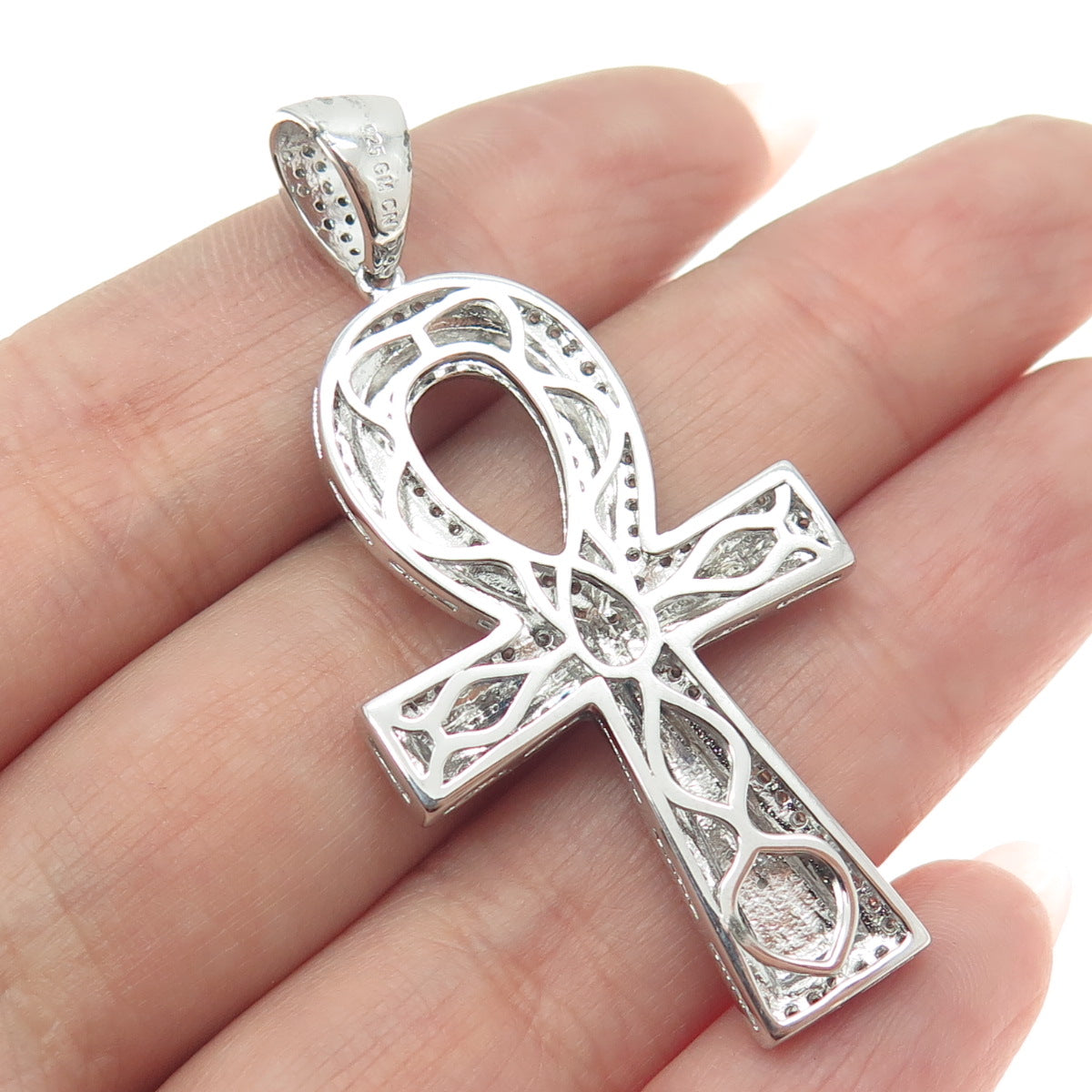 925 Sterling Silver Round-Cut Shaped C Z Egypt Ankh Cross Pendant