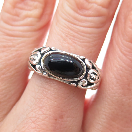 925 Sterling Silver Vintage Real Black Onyx Ornate Heart Oxidized Ring Size 7.25