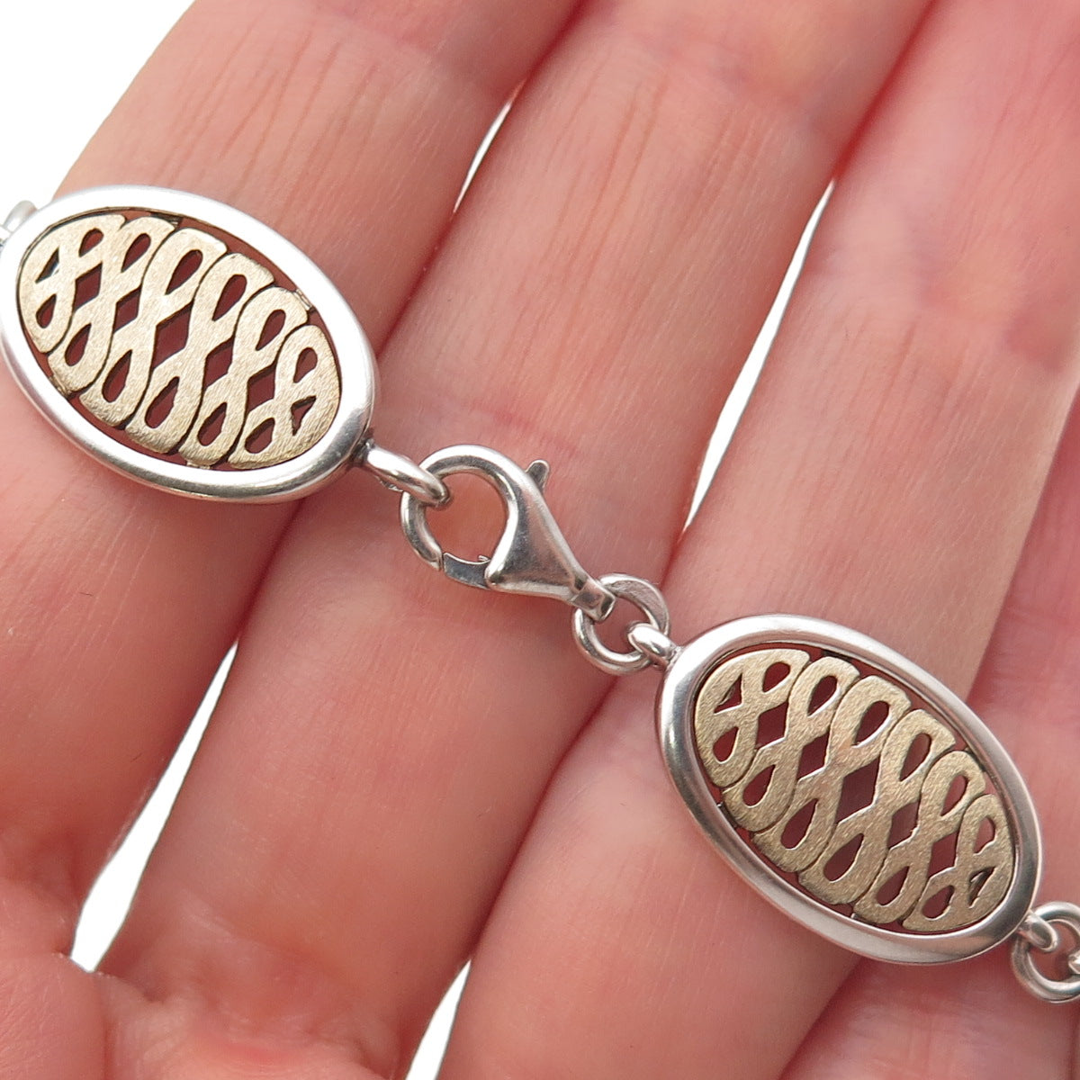 925 Sterling Silver 2-Tone Vintage G Poland Infinity Panel Link Bracelet 7.5"