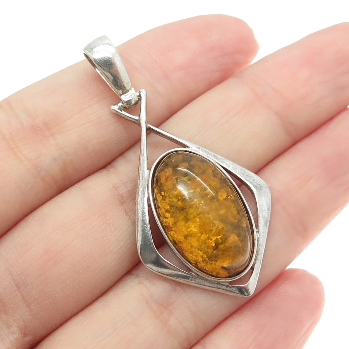 925 Sterling Silver Vintage Real Amber Modernist Pendant