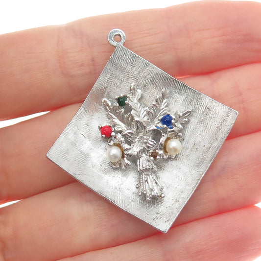 JEANOR 925 Sterling Silver Vintage Real Pearl & Multi-Color Glass Flower Pendant