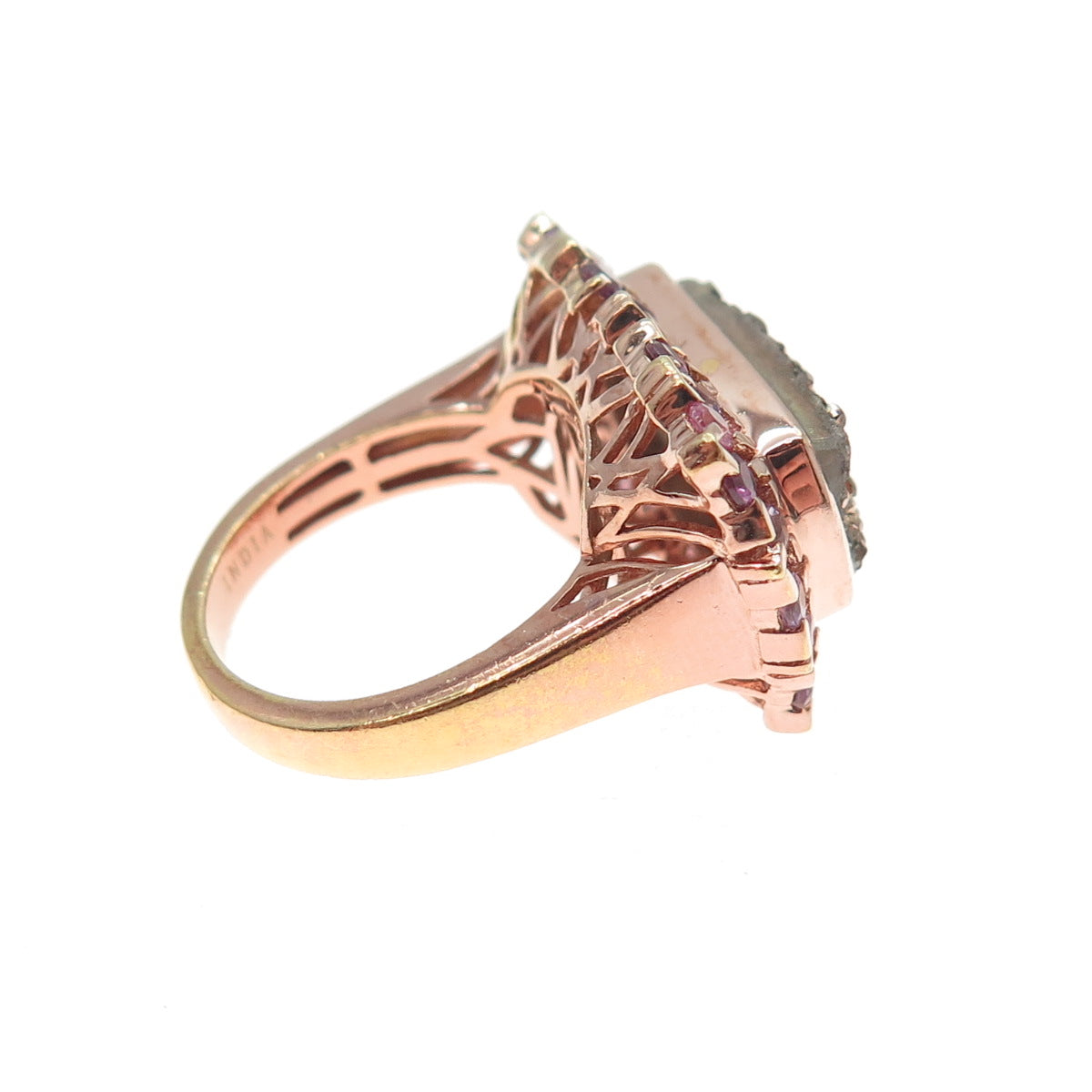 925 Sterling Silver Rose Gold Plated Druzy Pink Topaz & Amethyst Ring Size 5