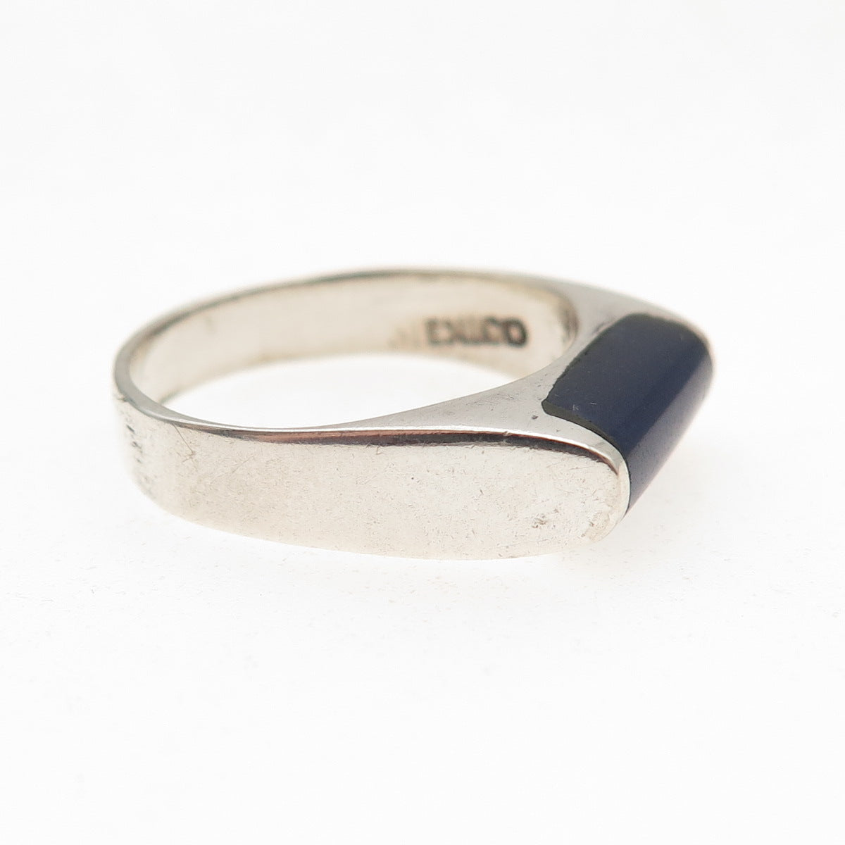 925 Sterling Silver Vintage Mexico Real Lapis Modernist Oxidized Ring Size 6
