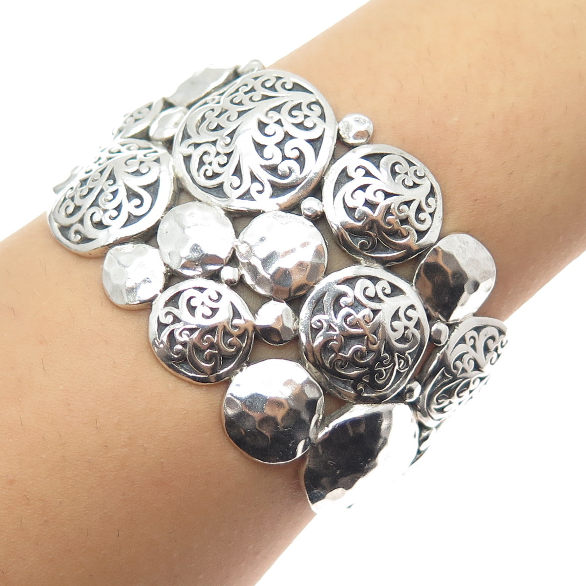 LOIS HILL Sterling Silver Vintage Signature Scroll Disc Adjustable Bracelet 6.5"