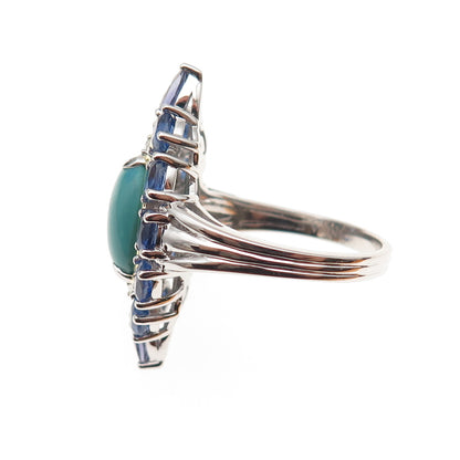 925 Sterling Silver 2-Tone Real Turquoise Sapphire & White Topaz Ring Size 8.25