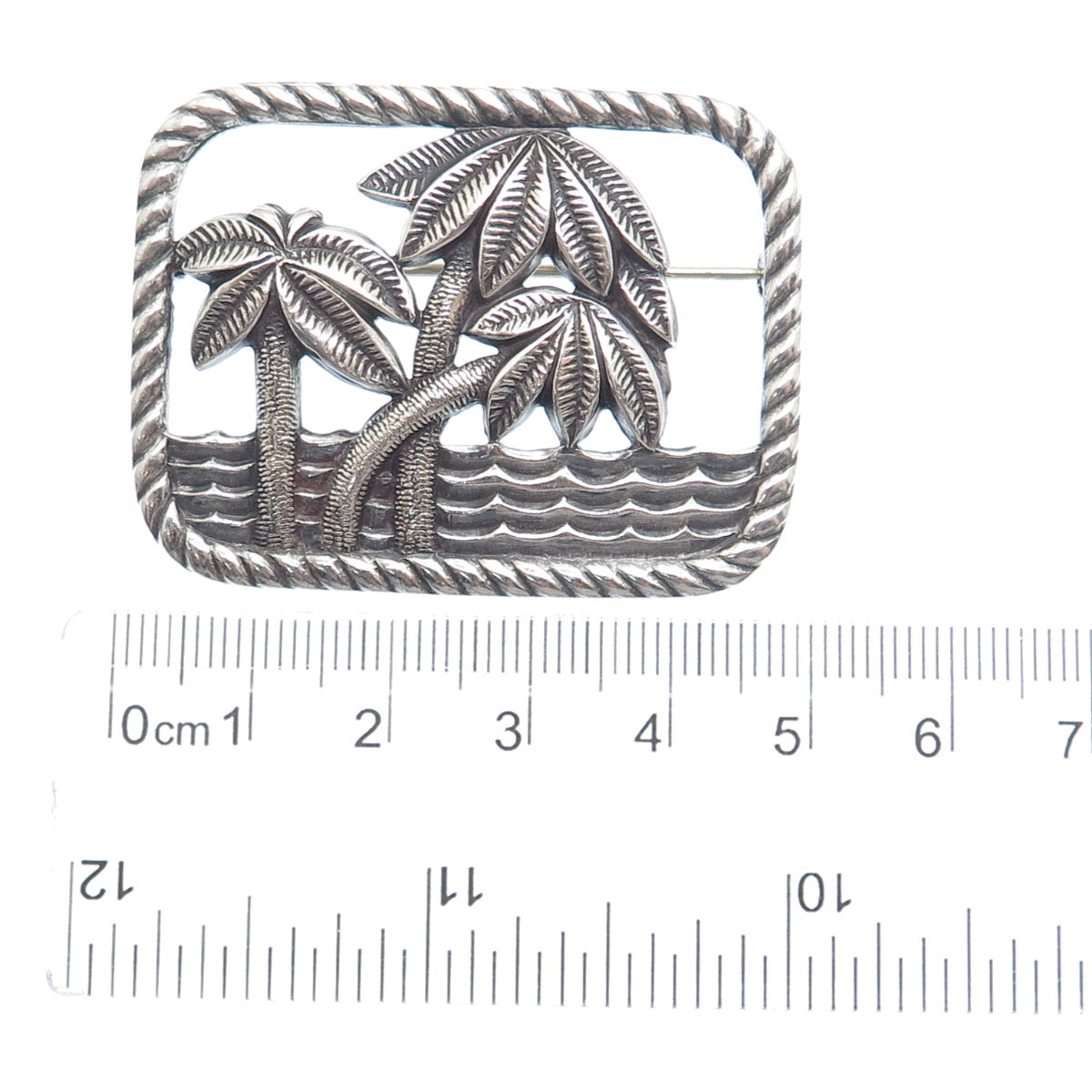 925 Sterling Silver Vintage Paradise Beach Palm Tree Oxidized Pin Brooch
