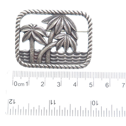 925 Sterling Silver Vintage Paradise Beach Palm Tree Oxidized Pin Brooch