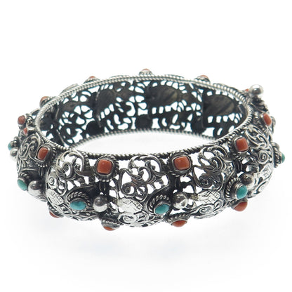 925 Sterling Silver Antique Real Turquoise Coral Floral Oxidized Bracelet 7.75"