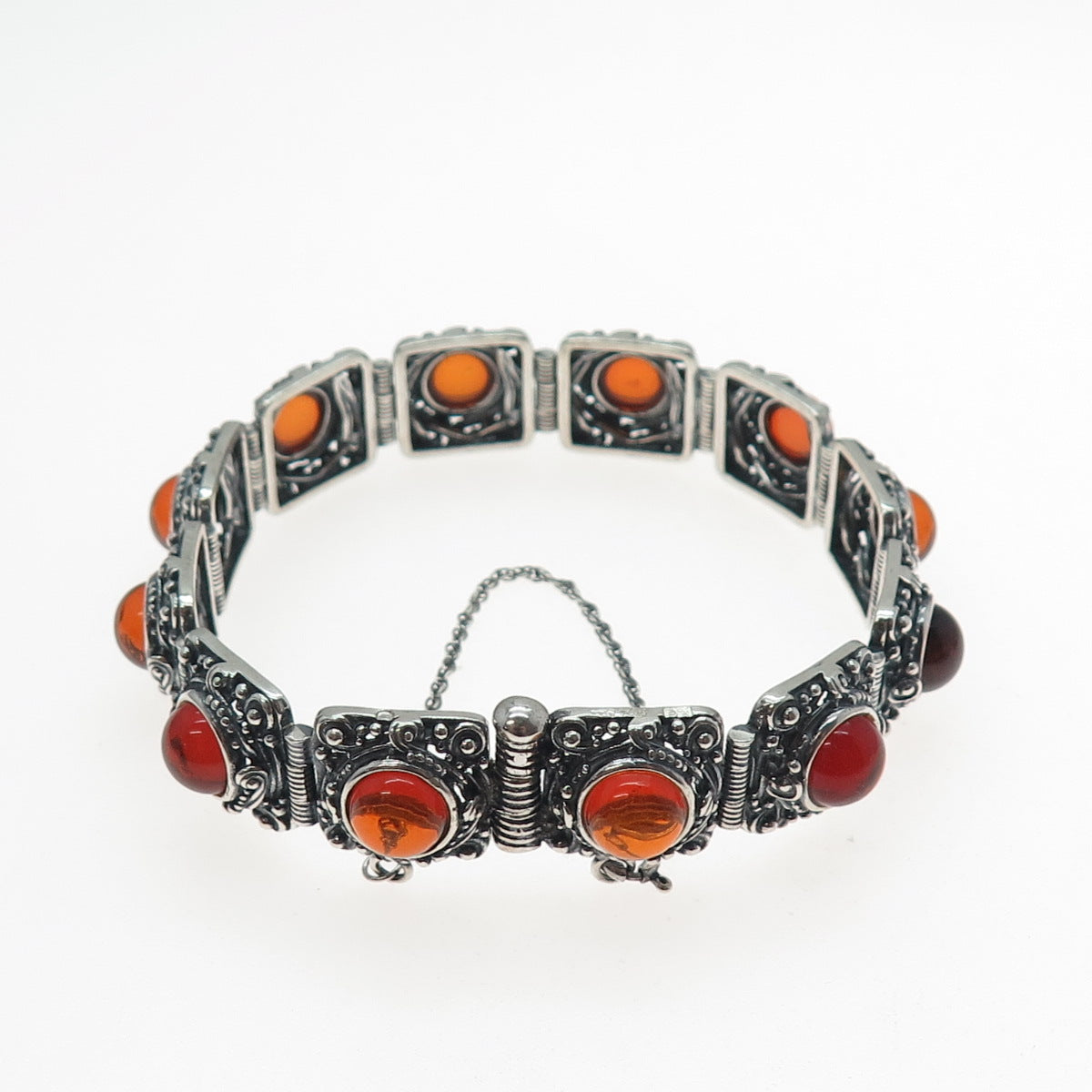925 Sterling Silver Vintage Poland Real Amber Granulated Oxidized Bracelet 7.75"