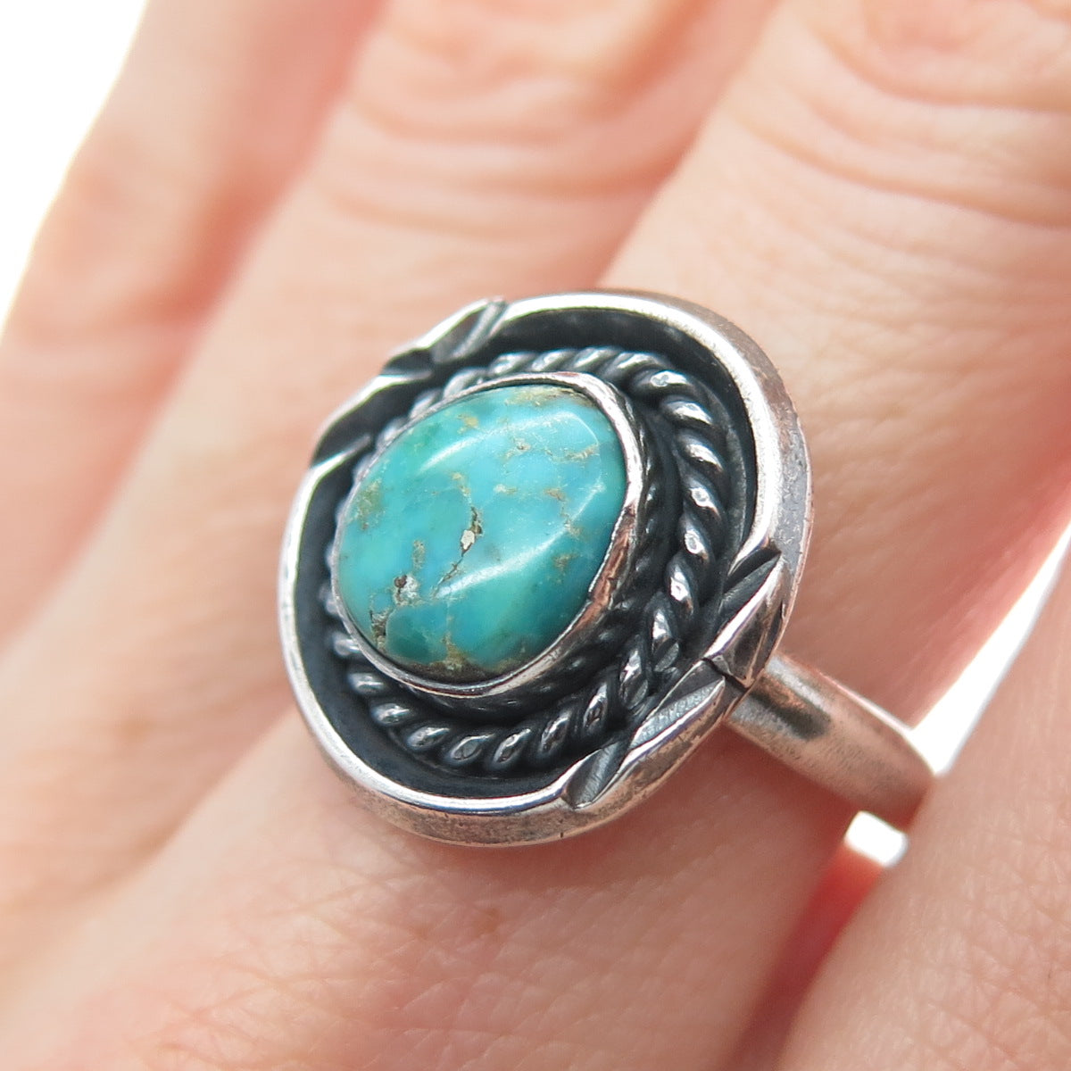 Old Pawn 925 Sterling Silver Vintage Kingman Turquoise Oxidized Ring Size 7.5