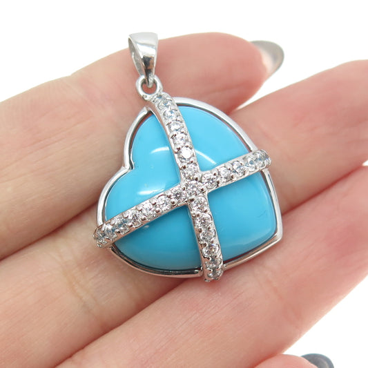 925 Sterling Silver Faux Turquoise & C Z Crisscross Heart Pendant