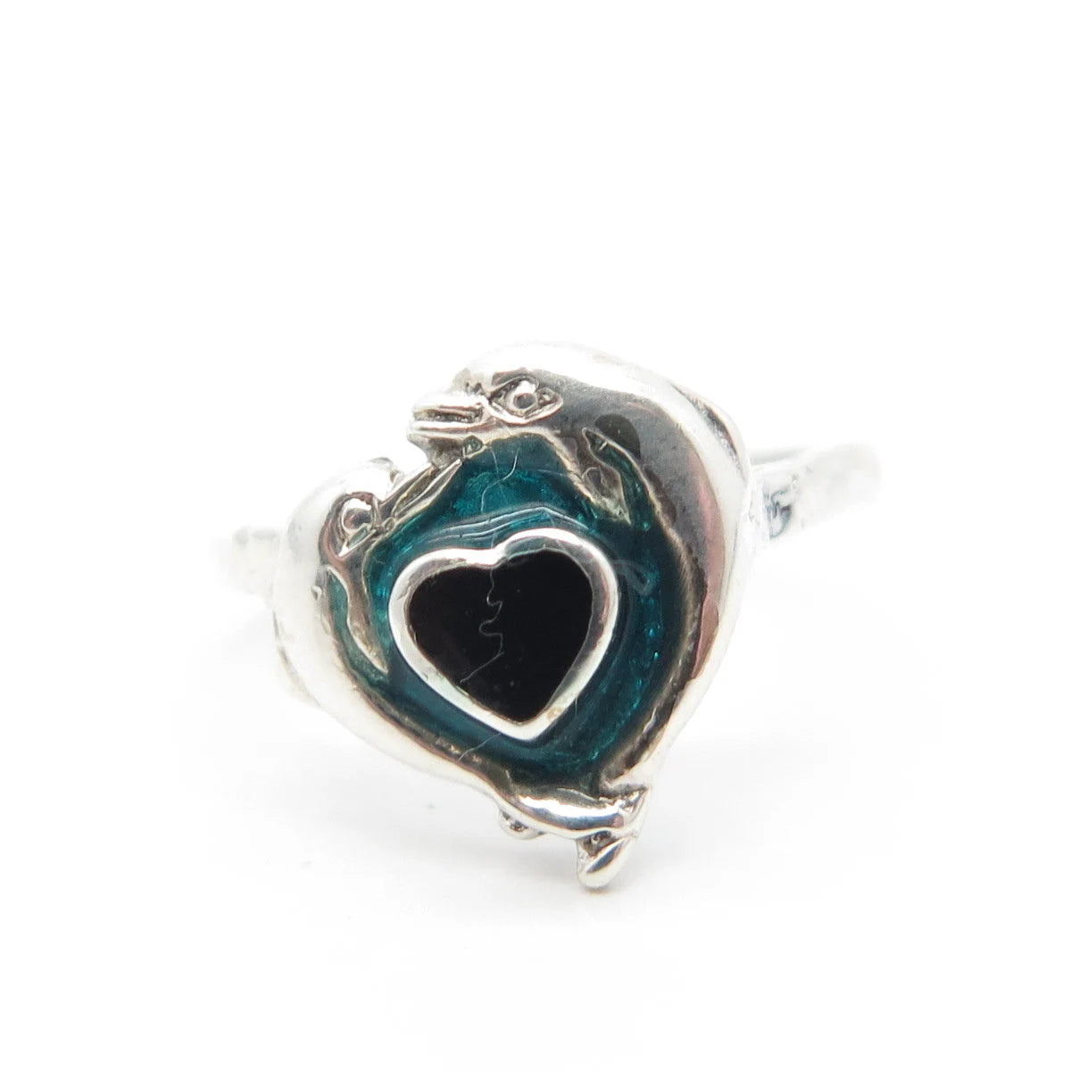 925 Sterling Silver Vintage Real Black Onyx Gem Couple of Dolphins Ring Size 4