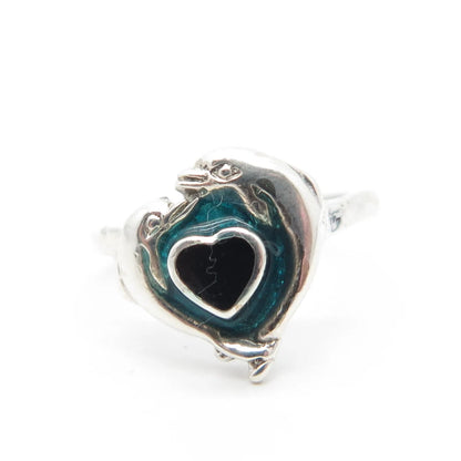925 Sterling Silver Vintage Real Black Onyx Gem Couple of Dolphins Ring Size 4