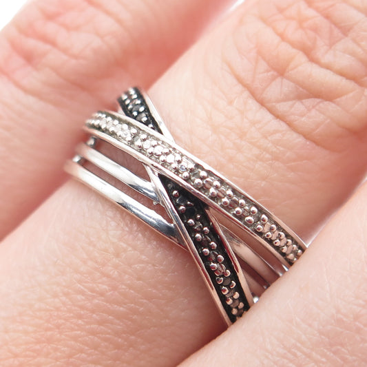 925 Sterling Silver Real Round-Cut Black & White Diamond Crisscross Ring Size 7