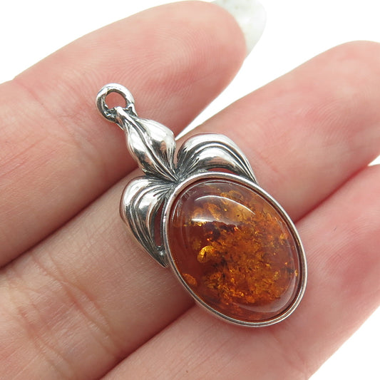 925 Sterling Silver Vintage Real Amber Fleur de Lis Pendant