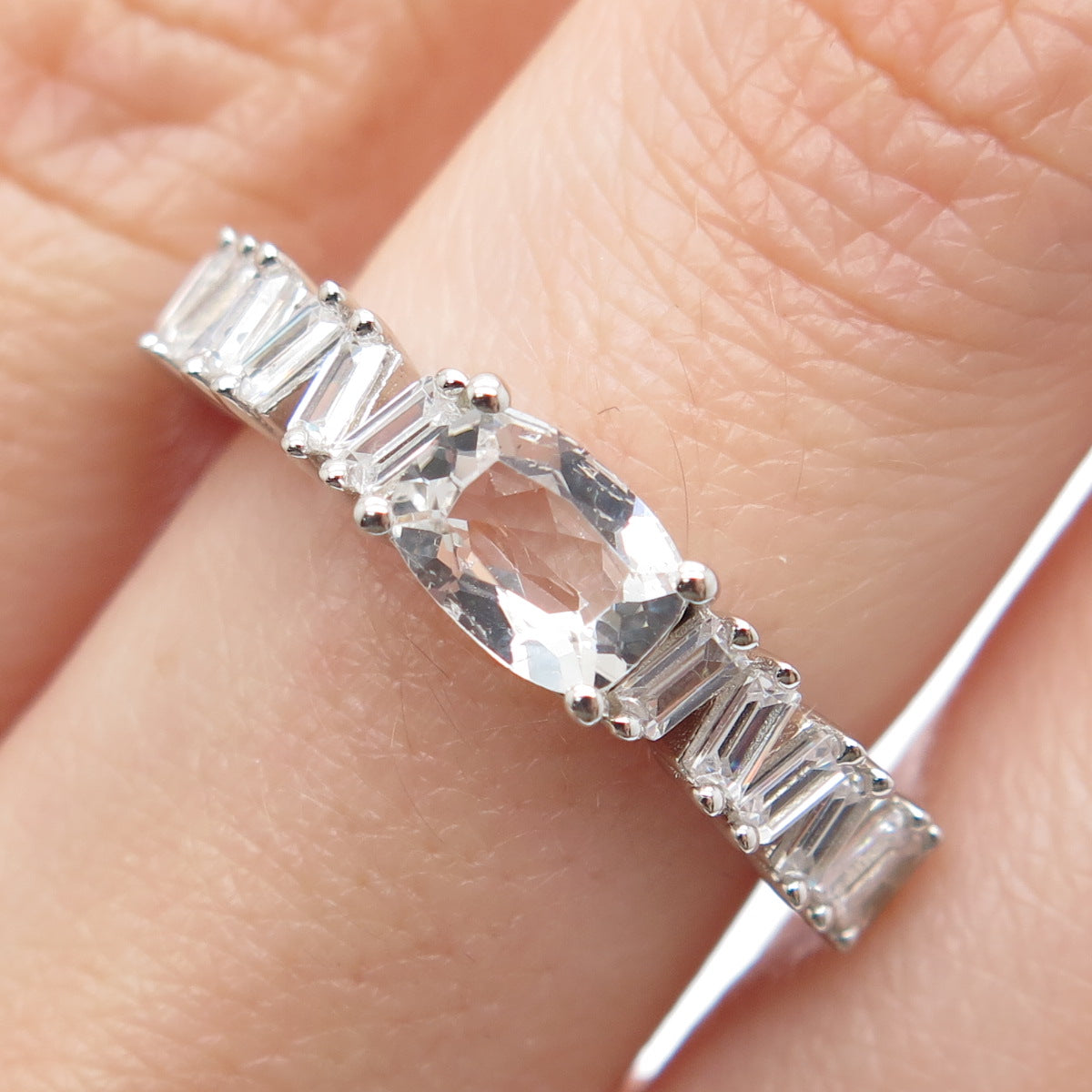DSMK 925 Sterling Silver Real White Topaz Gem & C Z Half Eternity Ring Size 7.25
