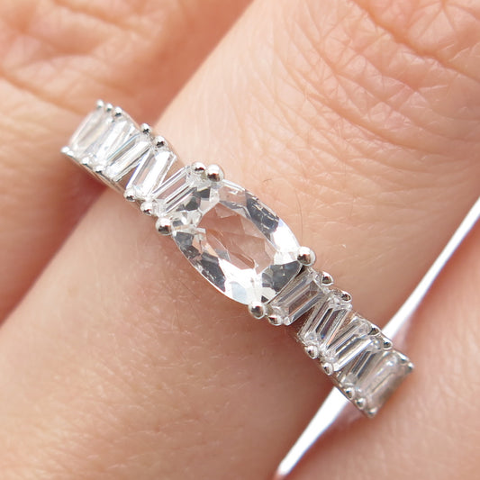 DSMK 925 Sterling Silver Real White Topaz Gem & C Z Half Eternity Ring Size 7.25