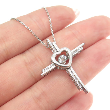 925 Sterling Silver Italy Round-Cut C Z Heart Cross Cable Chain Necklace 18"