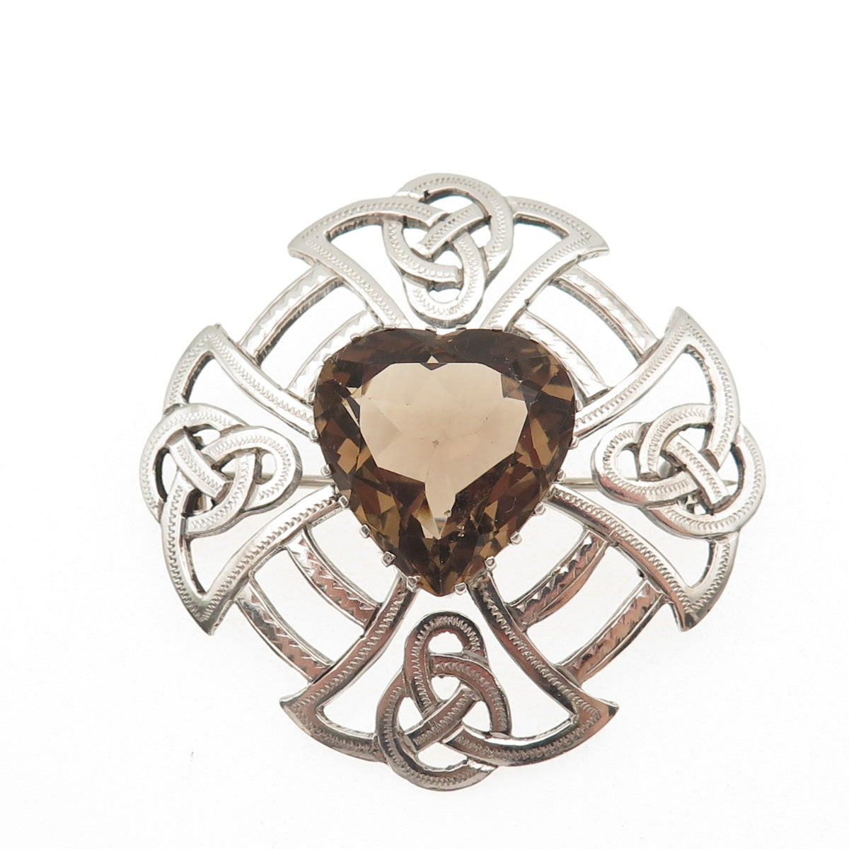 Thomas Kerr Ebbutt Silver Vintage 1966 Scotland Smoky Quartz Heart Cross Brooch
