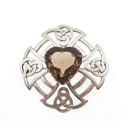 Thomas Kerr Ebbutt Silver Vintage 1966 Scotland Smoky Quartz Heart Cross Brooch