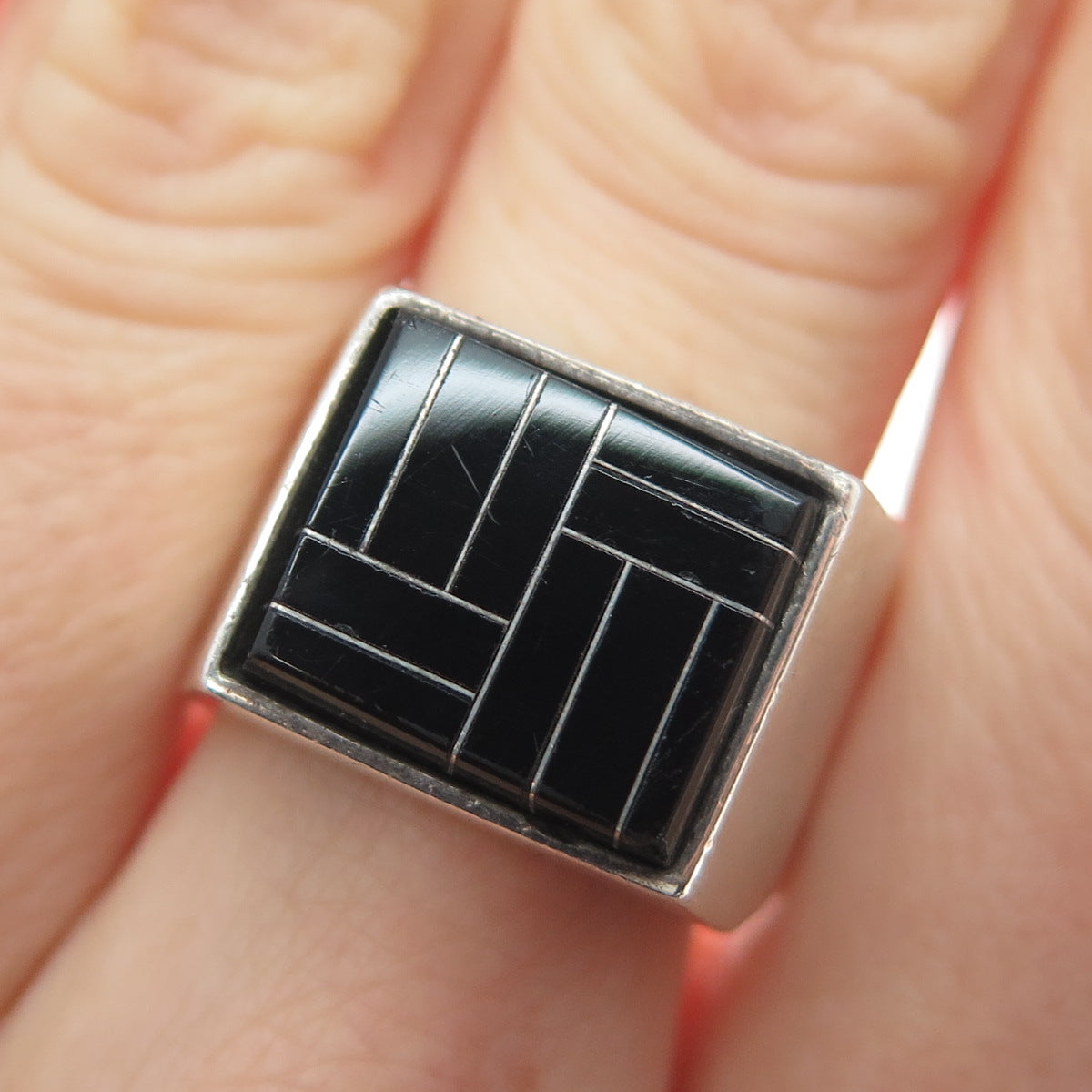 CECILIA TONO 925 Sterling Silver Vintage Mexico Real Black Onyx Ring Size 8.75