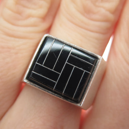 CECILIA TONO 925 Sterling Silver Vintage Mexico Real Black Onyx Ring Size 8.75