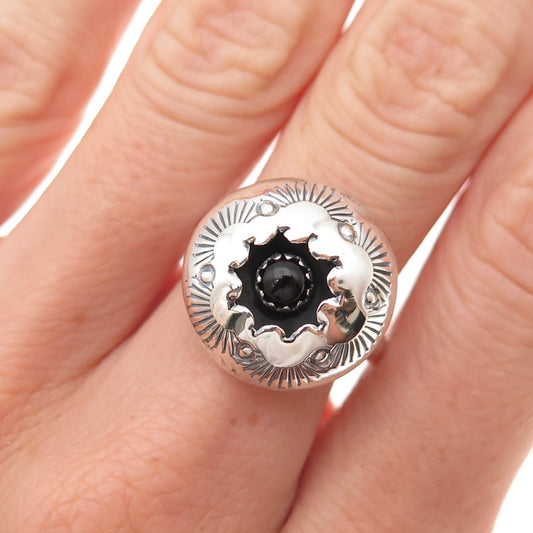 Old Pawn 925 Sterling Silver Vintage Black Onyx Snake Eye Shadow Box Ring Size 7