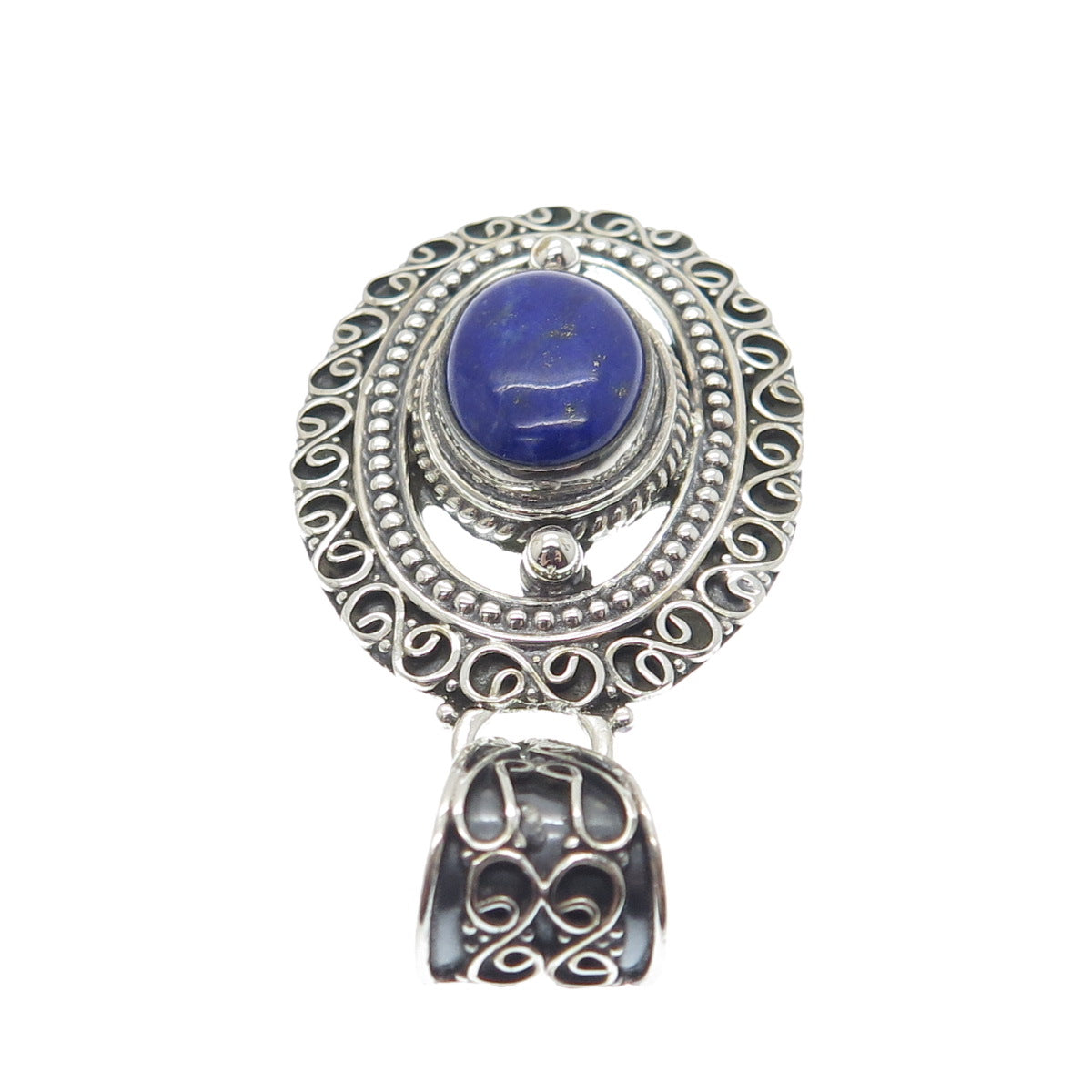 925 Sterling Silver Vintage Real Lapis Lazuli Gemstone Boho Ornate Pendant