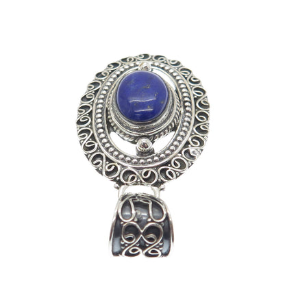 925 Sterling Silver Vintage Real Lapis Lazuli Gemstone Boho Ornate Pendant