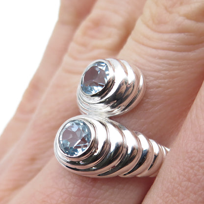 925 Sterling Silver Vintage Real Blue Topaz Modernist Bypass Ring Size 7