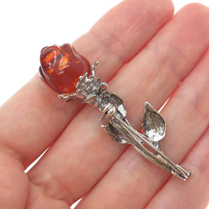 925 Sterling Silver Vintage Real Amber Carved Rose Flower Oxidized Pin Brooch