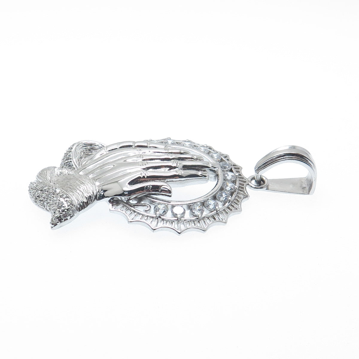 925 Sterling Silver Round-Cut C Z Praying Hands Pendant