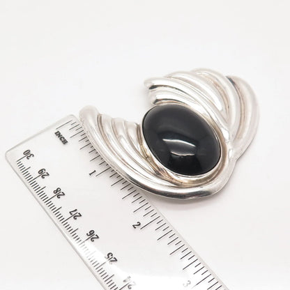 925 Sterling Silver Vintage Mexico Real Black Gem Ribbed Modernist Pin Brooch