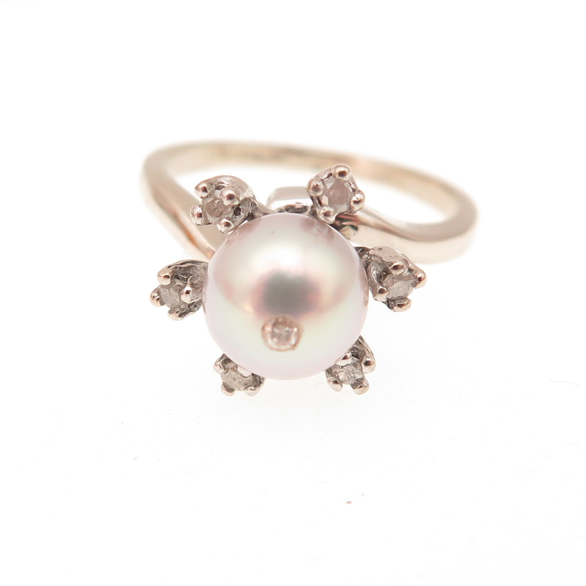925 Sterling Silver Vintage Real Diamond Pearl & White Topaz Ring Size 5
