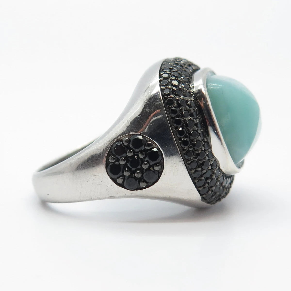 925 Sterling Silver Vintage Real Aquamarine & Black Spinel Square Ring Size 8
