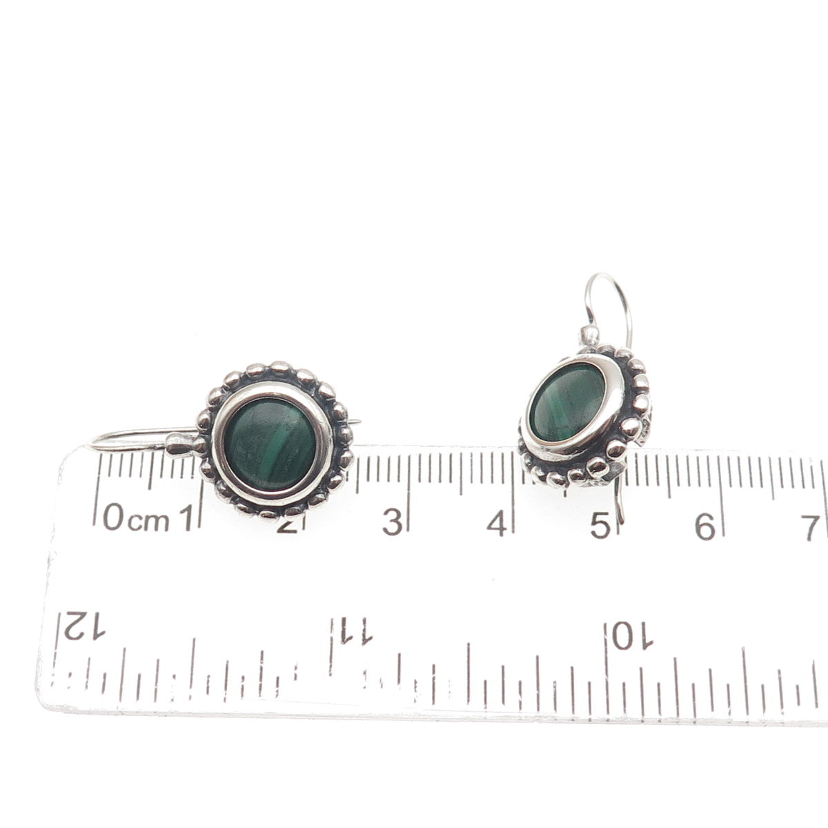 925 Sterling Silver Vintage Real Malachite Beaded Oxidized Dangle Earrings