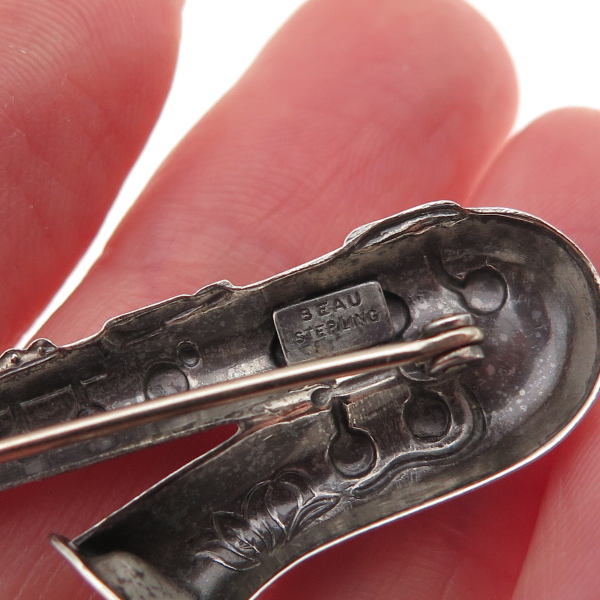 Beau 925 Sterling Silver Antique Art Deco Saxophone Oxidized Pin Brooch