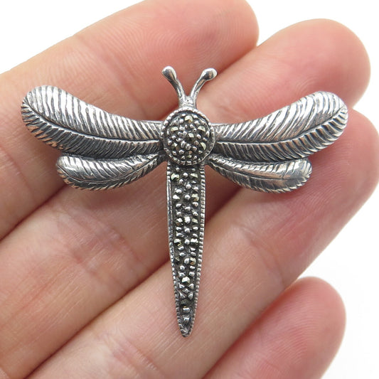 925 Sterling Silver Vintage Real Marcasite Gem Dragonfly Oxidized Pin Brooch