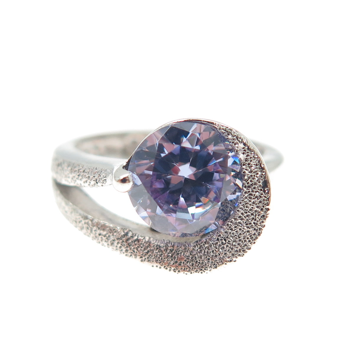 925 Sterling Silver Vintage Round-Cut Lavender C Z Modernist Wave Ring Size 5.25