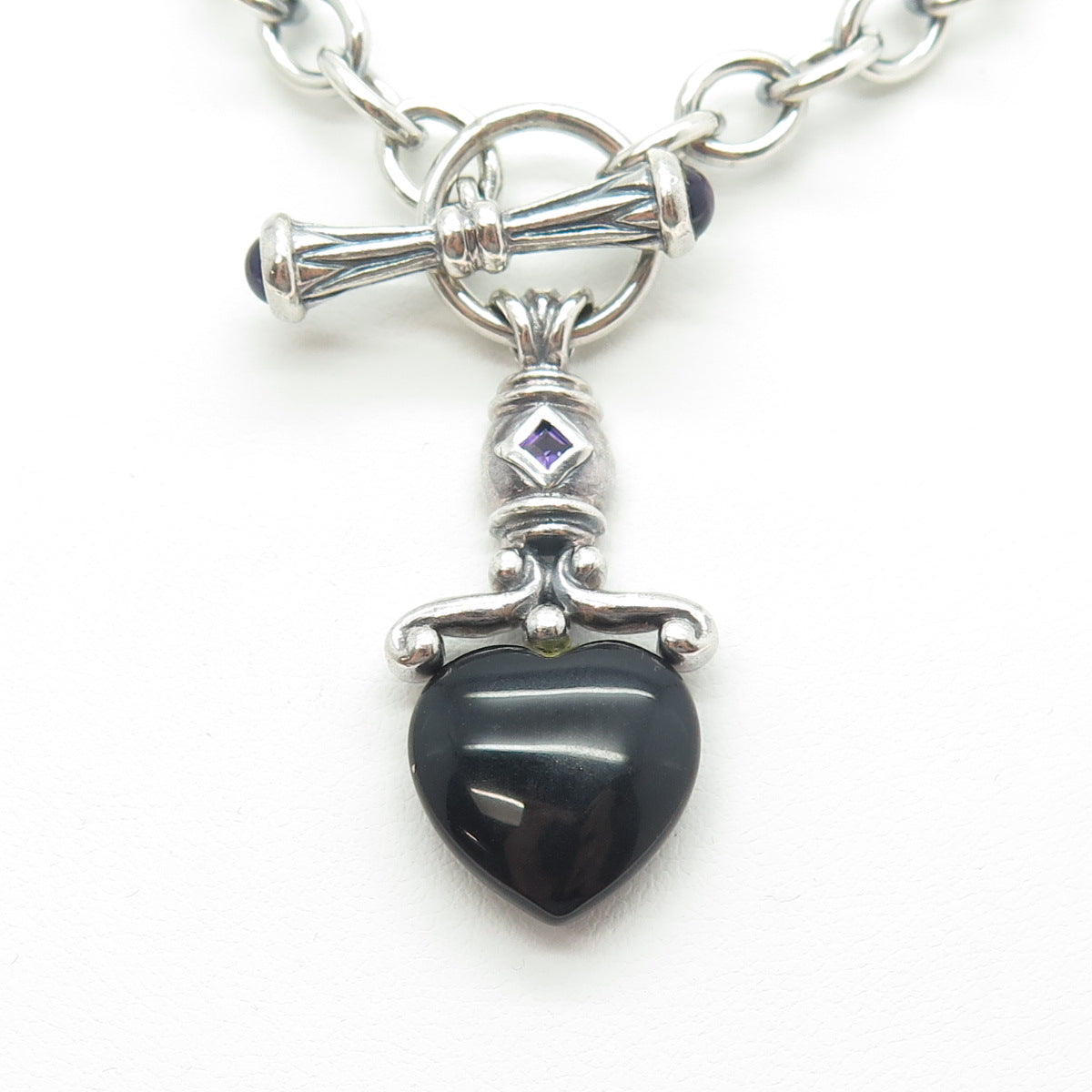 ROSS SIMONS 925 Sterling Silver Vintage Black Onyx & Amethyst Heart Necklace 16"