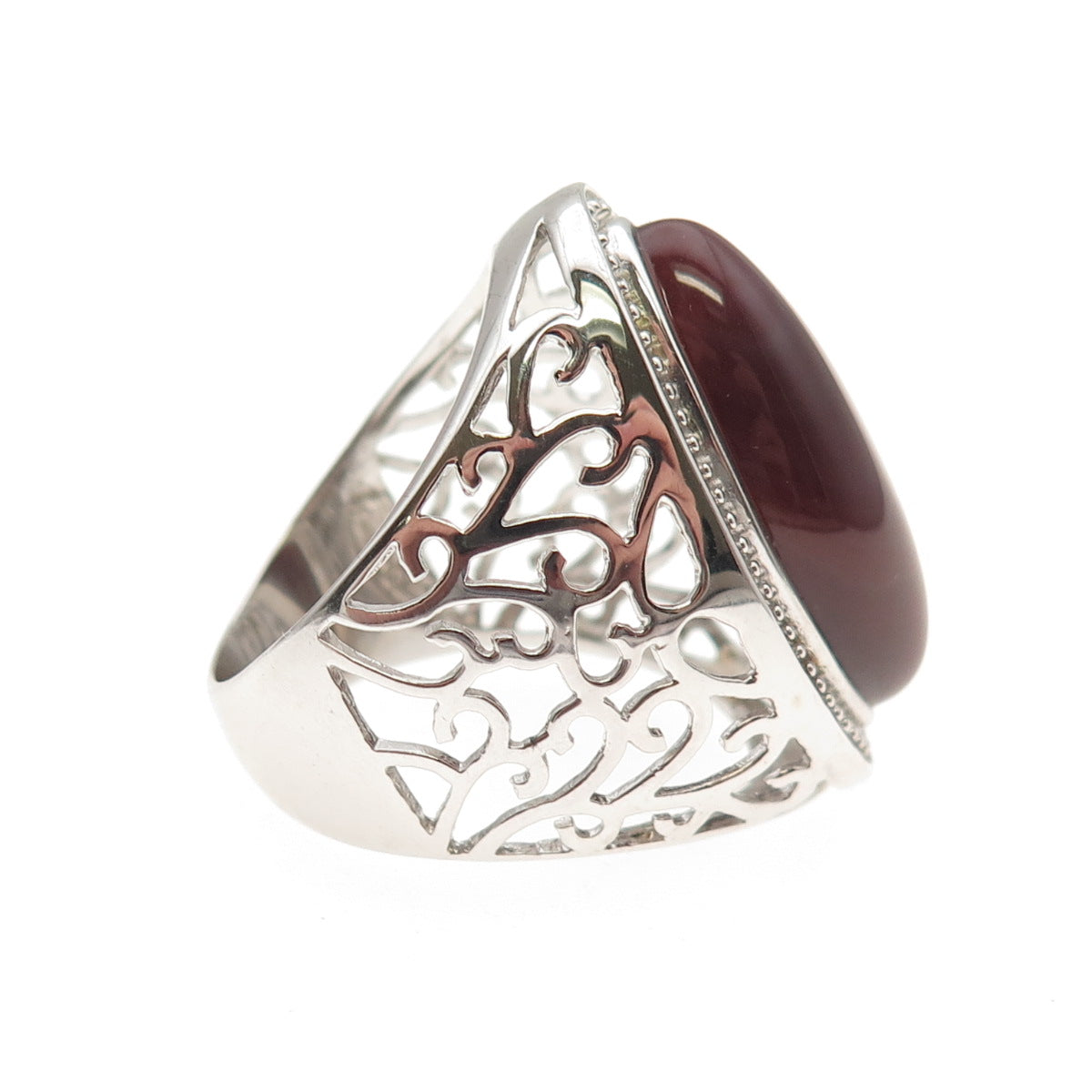 Ken Crafts 925 Sterling Silver Real Red Agate Floral Scroll Ring Size 9