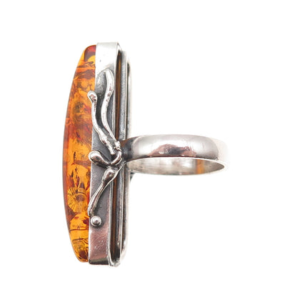 925 Sterling Silver Vintage Real Amber Modernist Oxidized Ring Size 6.5