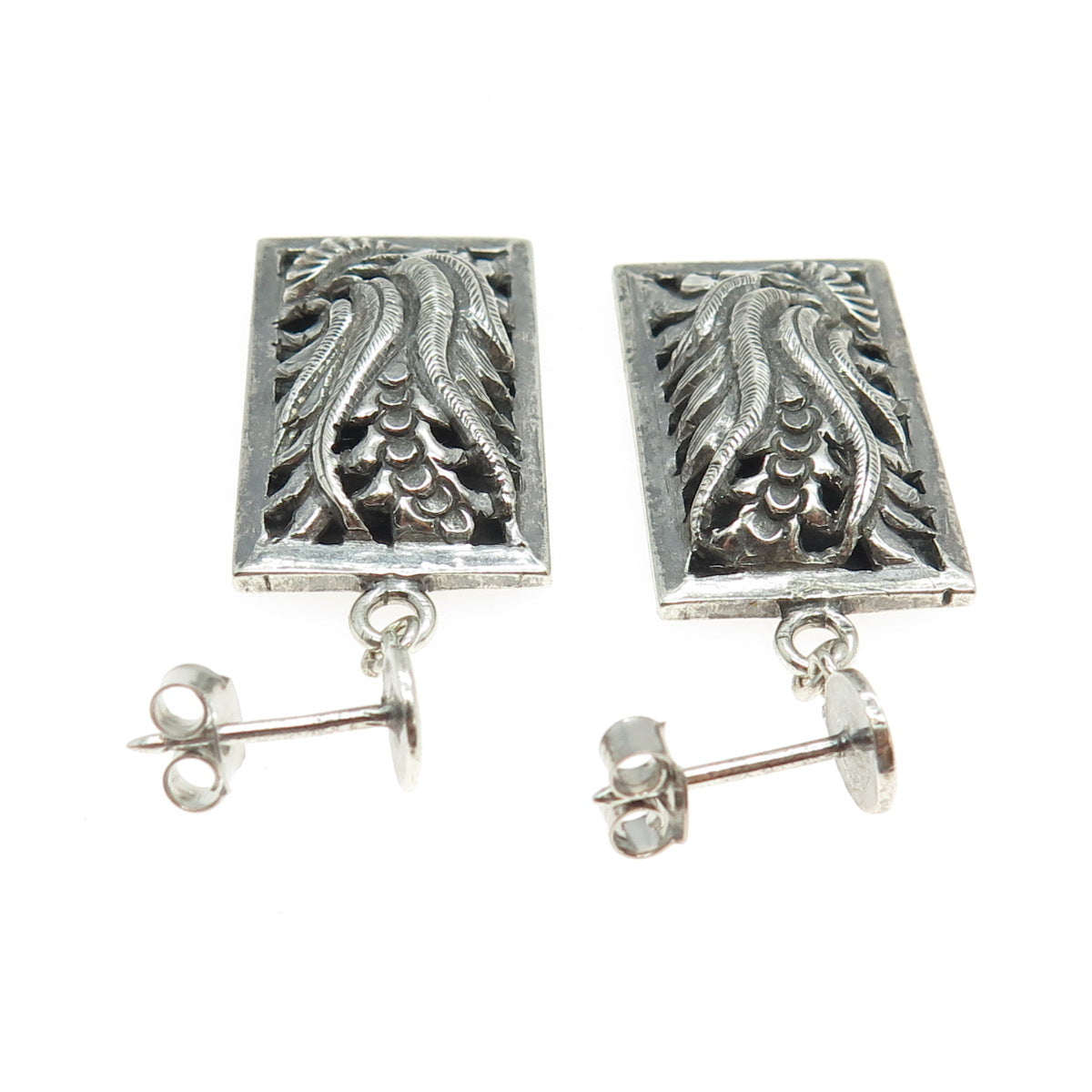 925 Sterling Silver Antique Art Deco Feather Pattern Oxidized Earrings