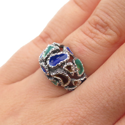 925 Sterling Silver Vintage Enamel Modernist Oxidized Ring Size 6