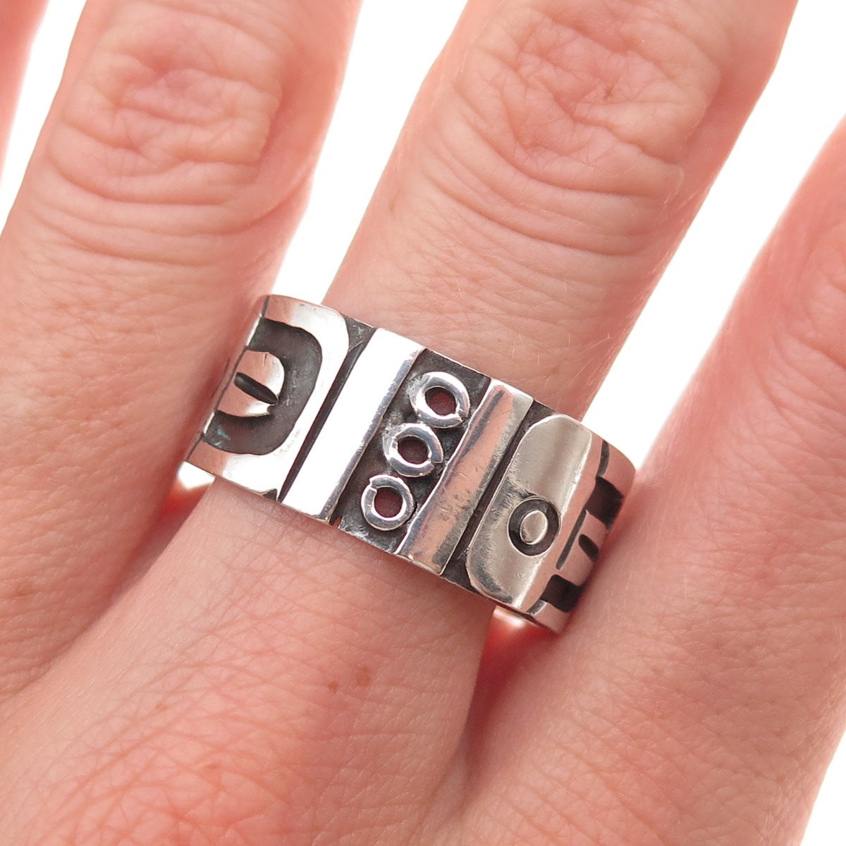 925 Sterling Silver Vintage Mexico Aztec Oxidized Wide Band Ring Size 12.25