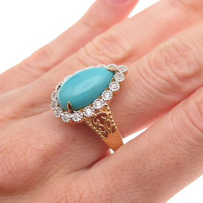 925 Sterling Gold Plated Real Sleeping Beauty Turquoise & Topaz Ring Size 8.25