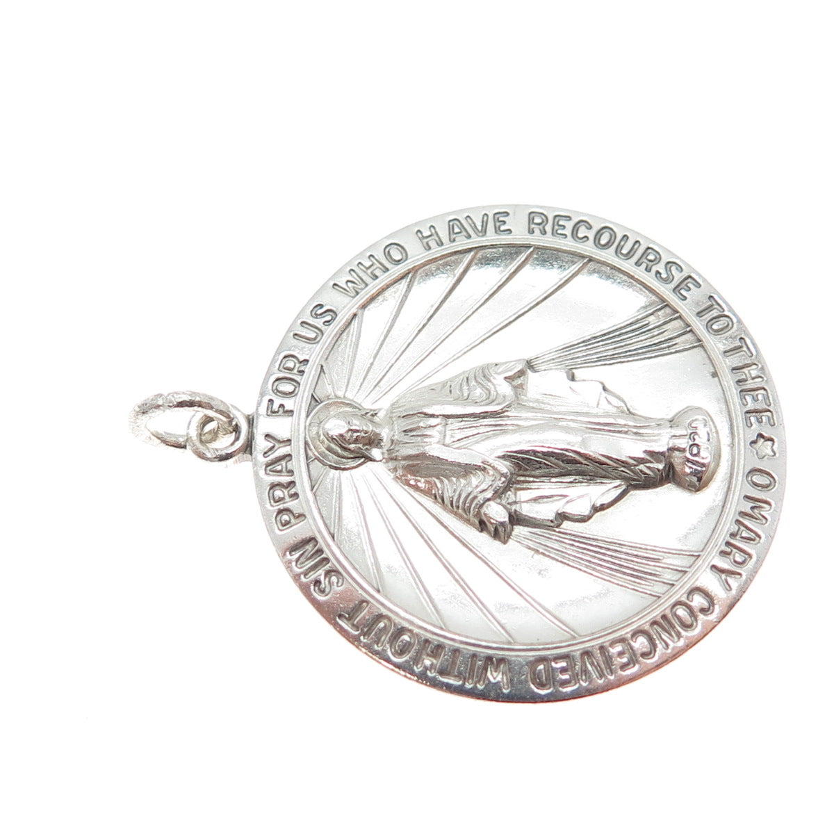 THEDA 925 Sterling Silver Vintage St. Mary Miraculous Religious Medal Pendant