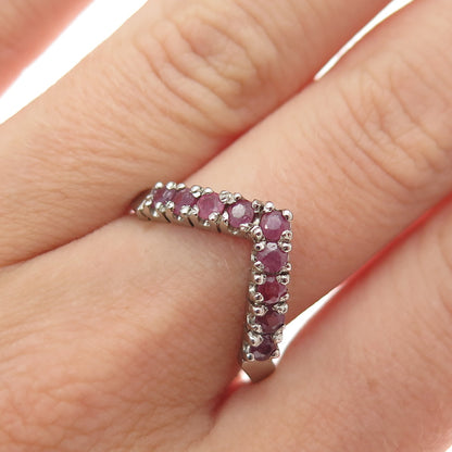 925 Sterling Silver Vintage Real Round-Cut Ruby V-Shape Ring Size 8