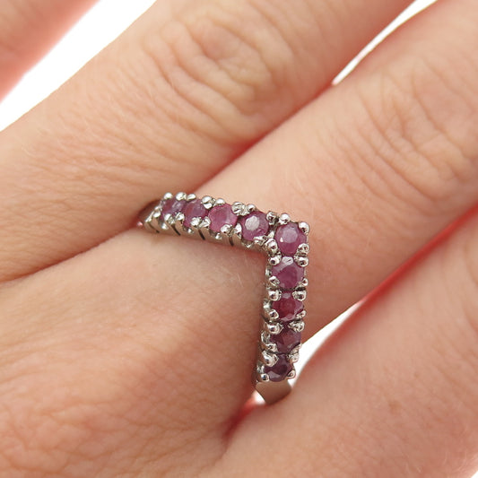 925 Sterling Silver Vintage Real Round-Cut Ruby V-Shape Ring Size 8